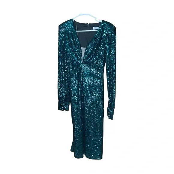 Mac Duggal 26866 Sequined Structured Bishop Sleeve Midi DressTeal Size 4 NWT - Picture 2 of 14